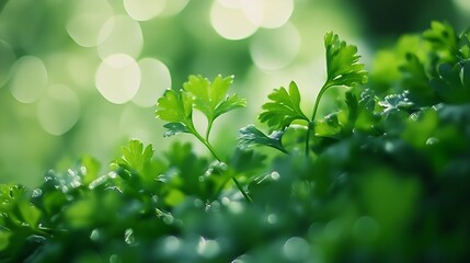 Obraz premium Delicate Fresh Green Herb Plants with Raindrops and Soft Bokeh Background : Generative AI