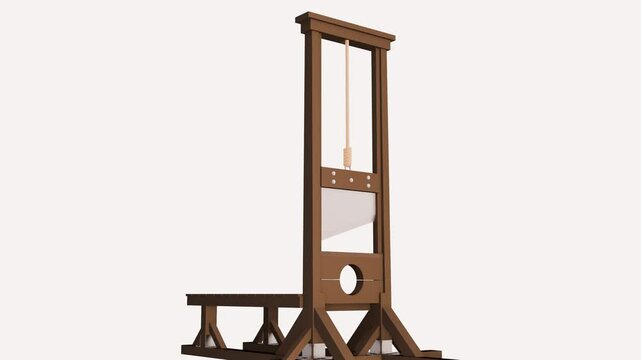 3d animation of guillotine. this device is designed for punishment by decapitation. It consists of a tall, wooden frame with a heavy blade suspended at the top. 