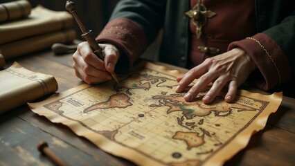 A group of elderly men sit at wooden desks, surrounded by old maps and strange tools.