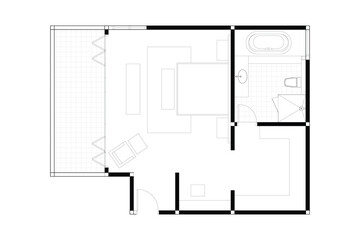 2 dimension of interior bed room with bath room layout design. Black on white background. Set 9