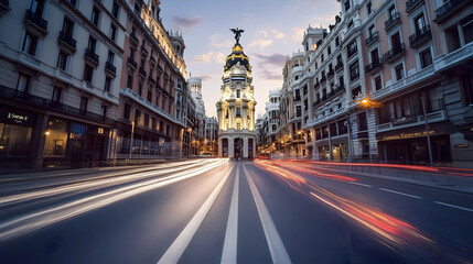 Naklejka premium City Street at Dusk with Blurred Car Lights and Ornate Buildings in the Background