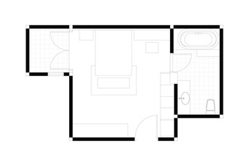 2 dimension of interior bed room with bath room layout design. Black on white background. Set 10