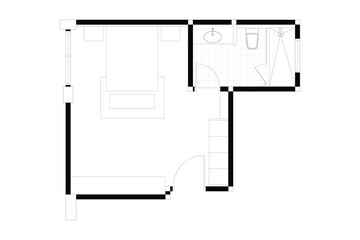 2 dimension of interior bed room with bath room layout design. Black on white background. Set 11