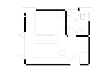 2 dimension of interior bed room with bath room layout design. Black on white background. Set 12