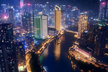 Fototapeta premium Cityscape at Night Illuminated Buildings Line a Riverbank with Bright Lights under a Starry Sky