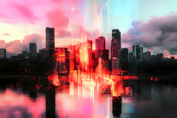 Fototapeta premium Cityscape Reflects in Water with Vibrant Glitch Art Effects at Sunset