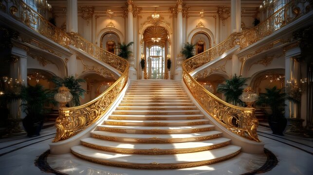 A grand staircase in a palace with gold accents