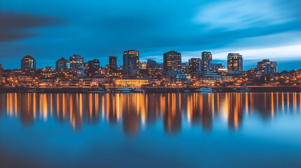 Naklejka premium Cityscape Reflects Beautifully in Calm Water at Night with Illuminated Buildings and Blue Sky