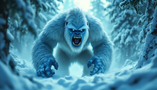 Angry Yeti Roaring in Snowy Forest Winter Scene - Powered by Adobe