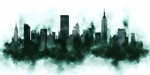 Obraz premium Dark Cityscape Illustration: Buildings Rise from Green Fog, Creating a Dramatic Urban Scene