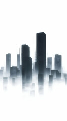 Obraz premium Dark Cityscape Illustration Emerges from the Fog with Tall Buildings and Misty Atmosphere