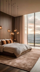 Modern Bedroom Interior Design Showcases Elegant Pendant Lights and Scenic Hillside View.