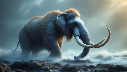 Majestic Woolly Mammoth Walking on Misty Shore