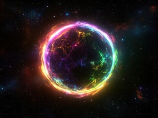 cosmic phenomenon showing luminous corona, electric neon rings pulsing around dark sphere, starbursts in technicolor space