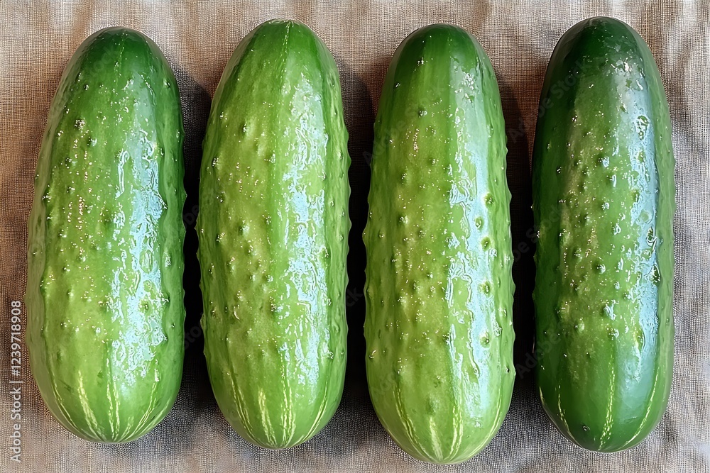 Poster fresh crunchy cucumbers arranged neatly on a light fabric background for healthy food themes : gener