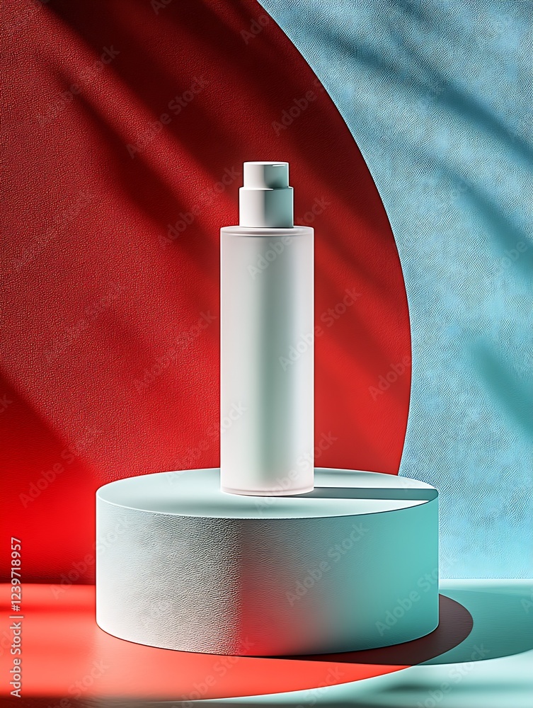 Aufkleber Minimalistic Glass Lotion Bottle in Front of Colorful Background with Shadows Play : Generative AI