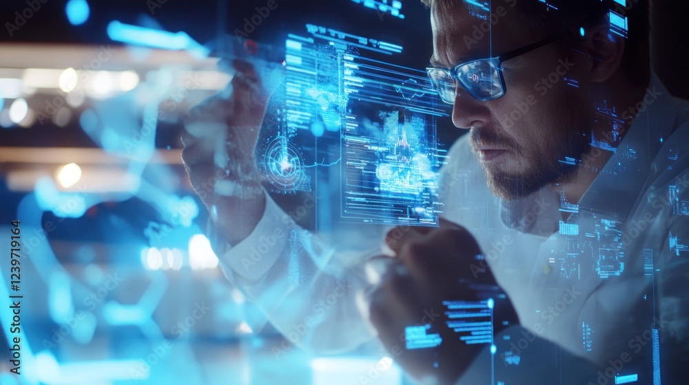 Poster focused software engineer analyzing futuristic data on transparent display