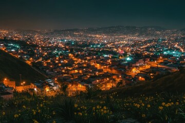 Fototapeta premium Night cityscape, illuminated houses spread across hills. Illustrates urban density and nighttime life.