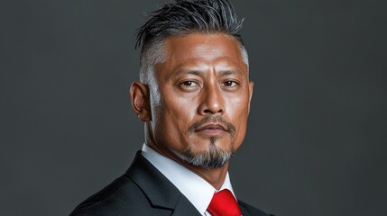 Confident businessman portrait, serious expression, grey background, corporate headshot