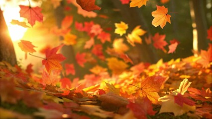 Lively closeup of falling autumn leaves with vibrant backlight from the setting sun

