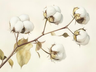 delicate botanical illustration of cotton plant branch with fluffy white bolls, soft watercolor technique on cream paper, showing detailed stem structure