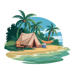 Obraz premium tropical island with palm trees camping tent hammock cooler blue sky design transparent background 