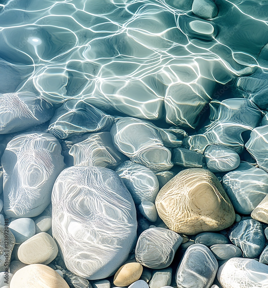 Poster Captivating Clear Water and Soft Pebbles with Glimmering Reflections in Natural Setting : Generative AI