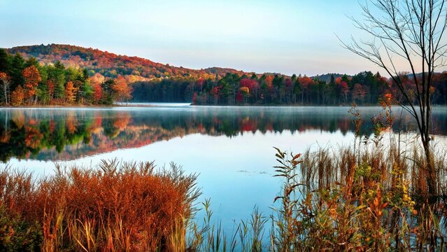 Early morning autumn light near Killington, Vermont. Photo taken on a calm tranquil colorful morning during the peak autumn foliage season. Vermont's beautiful fall foliage ranks with the best in New 