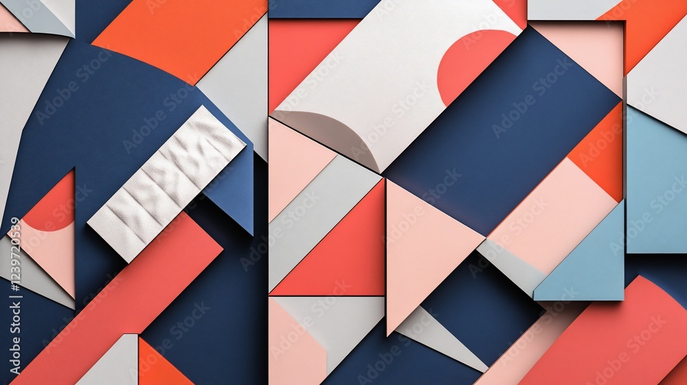Poster abstract geometric composition with overlapping shapes and vibrant colors creating dynamic visual ar