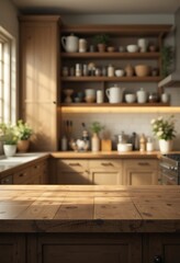 Wooden Kitchen Countertop with Blurred Background