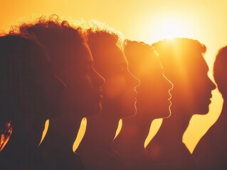 diverse silhouettes in golden light, overlapping profiles creating unity through shared humanity, warm sunset glow casting long shadows