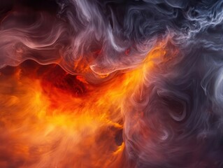 Fototapeta premium dramatic high-speed photograph of expanding explosion, orange and red fireball core, rippling shock waves, billowing dark smoke tendrils against pristine white