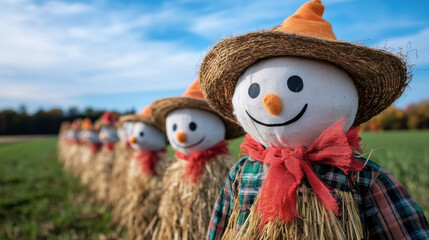 line of scarecrows stands guard over lush green field, showcasing cheerful harvest scene