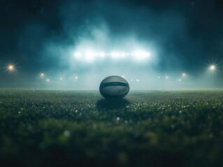 dramatic night shot of rugby ball on illuminated stadium turf, lens flare from stadium lights, atmospheric fog, epic sports composition