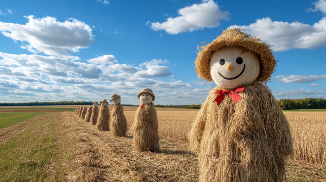 line of scarecrows smiling in golden field under blue sky, creating cheerful atmosphere post harvest