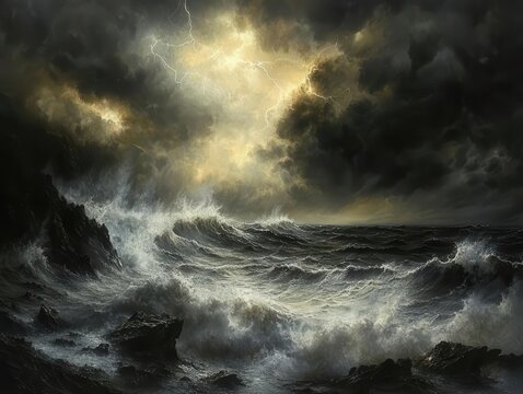 dramatic stormy seascape with lightning strikes illuminating dark rolling clouds and misty waves crashing against rocky shore
