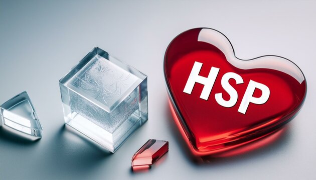繊細で傷つきやすい気質を持った人を意味するHighly Sensitive Personを略したHSPの文字が書かれたキューブブロックと。赤いガラスのハート。AIで生成