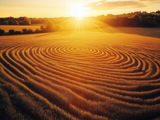 Naklejka premium drone perspective of geometric crop circles illuminated by golden sunset, creating abstract patterns across vast farmland