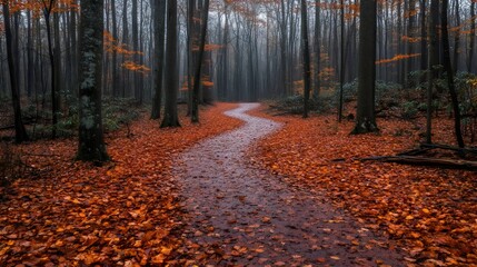 Naklejka premium A path through a forest with leaves on the ground