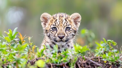 Obraz premium Cute jaguar cub peering from green bushes, rainforest background; wildlife photo