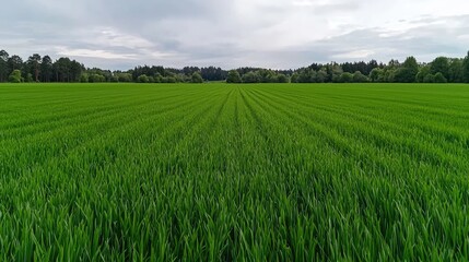 Fototapeta premium Lush green field, rows of crops, cloudy sky, rural landscape, agriculture