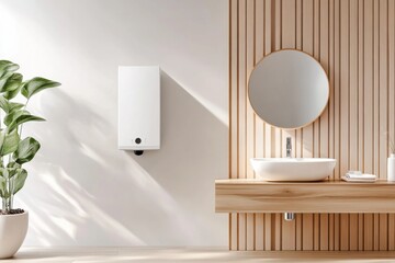 Modern bathroom design with compact electric water heater and stylish floating vanity
