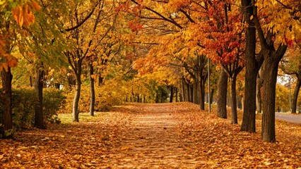 Naklejka premium Empty alley covered by foliage in autumn park