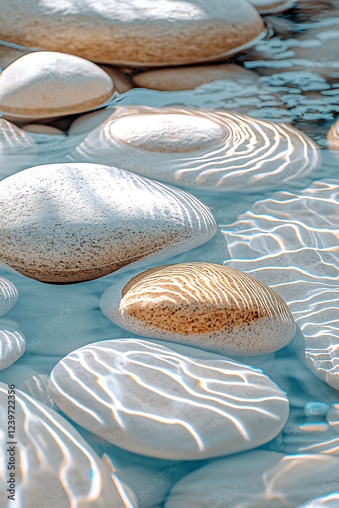 Aufkleber abstract close-up of pebbles under water with soft light reflections : generative ai