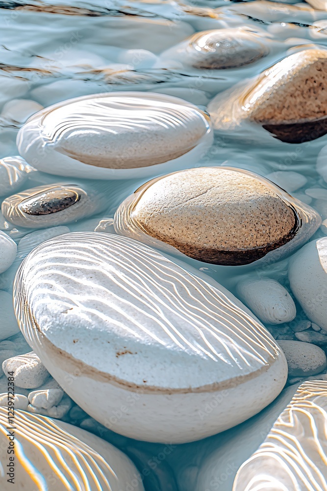 Aufkleber Beautifully arranged smooth pebbles in tranquil water creating stunning reflections and serene ambiance for relaxation : Generative AI