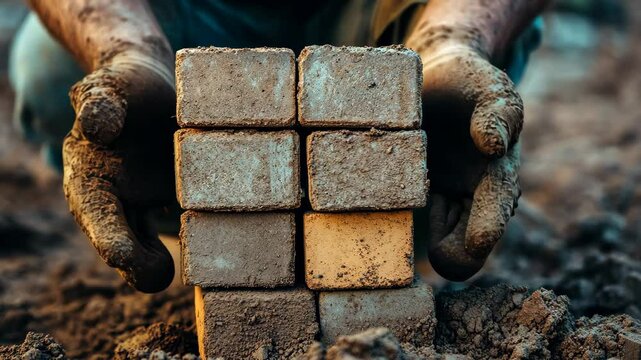 Hands stacking mud bricks in an outdoor construction site under natural light during daytime