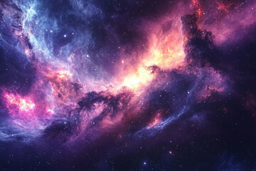 Fototapeta premium Vivid purple and orange galactic nebula with swirling star clusters and deep space hues