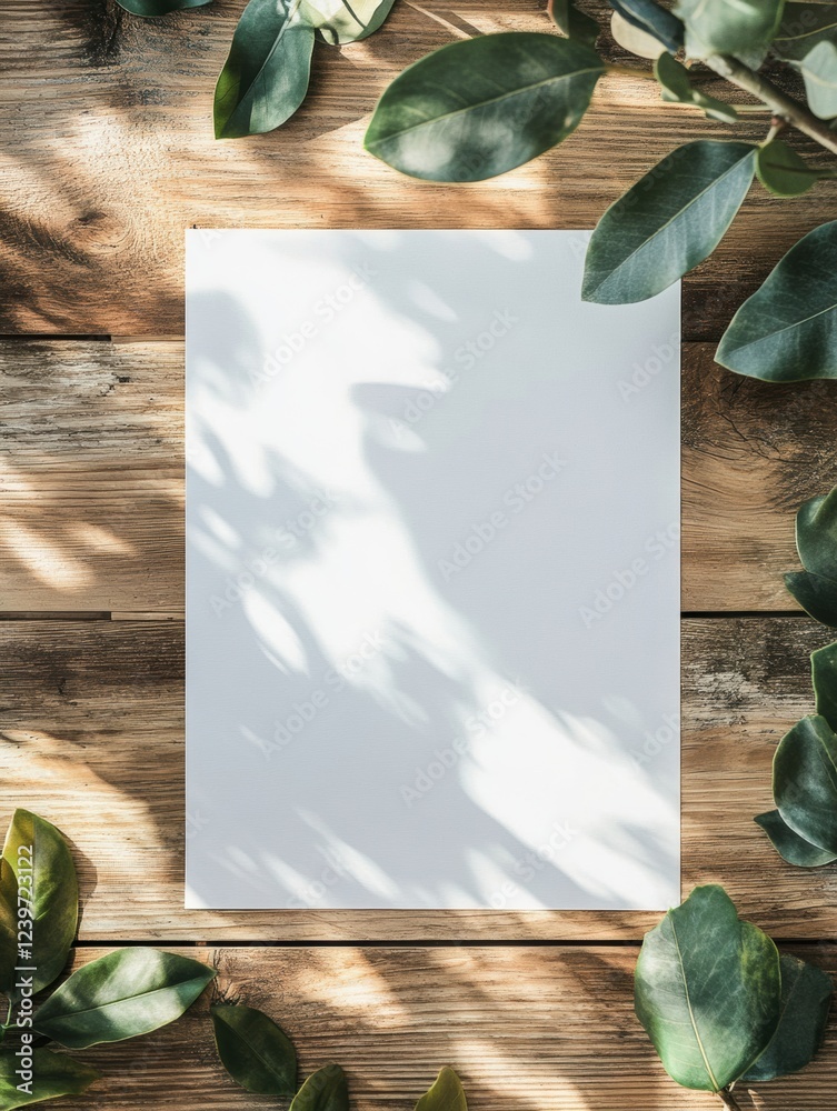 Poster blank paper placed on wooden table surrounded by green leaves reflecting soft sunlight during the da