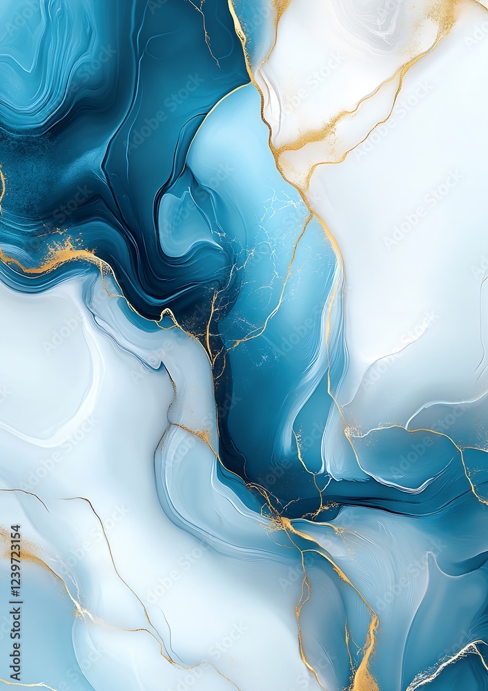 Poster beautiful abstract fluid art in blue and gold colors featuring delicate swirls and layers : generati