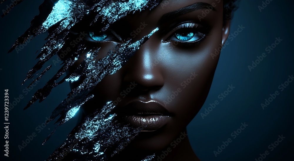 Poster captivating artistic image of a woman with striking blue eyes and unique abstract shattered skin eff